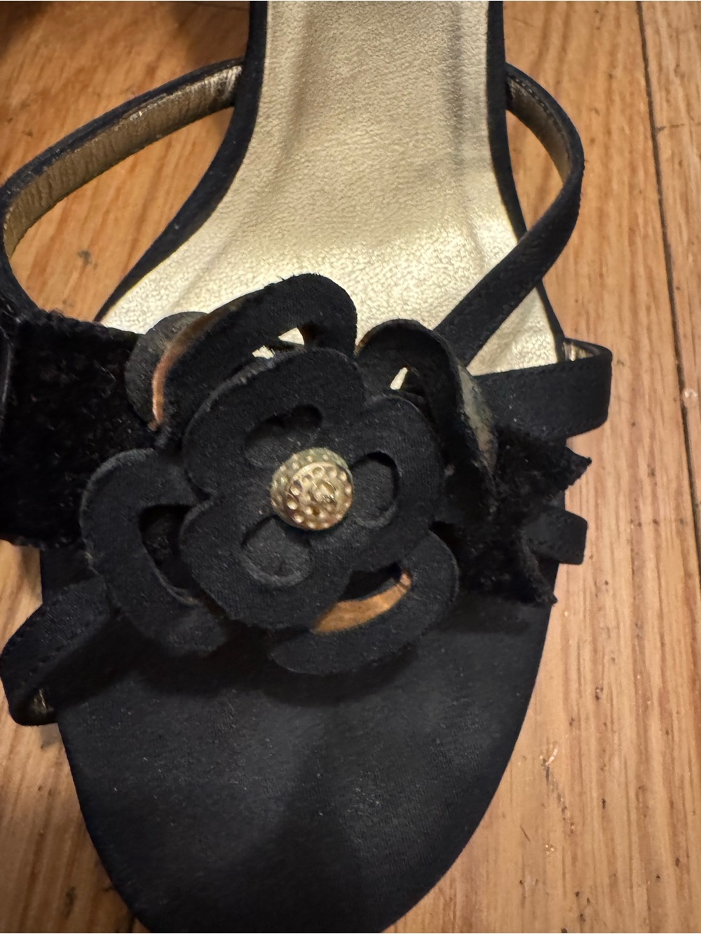 CHANEL Black Suede Camellia Slide Sandals with Gold Detail - Picture 3 of 9